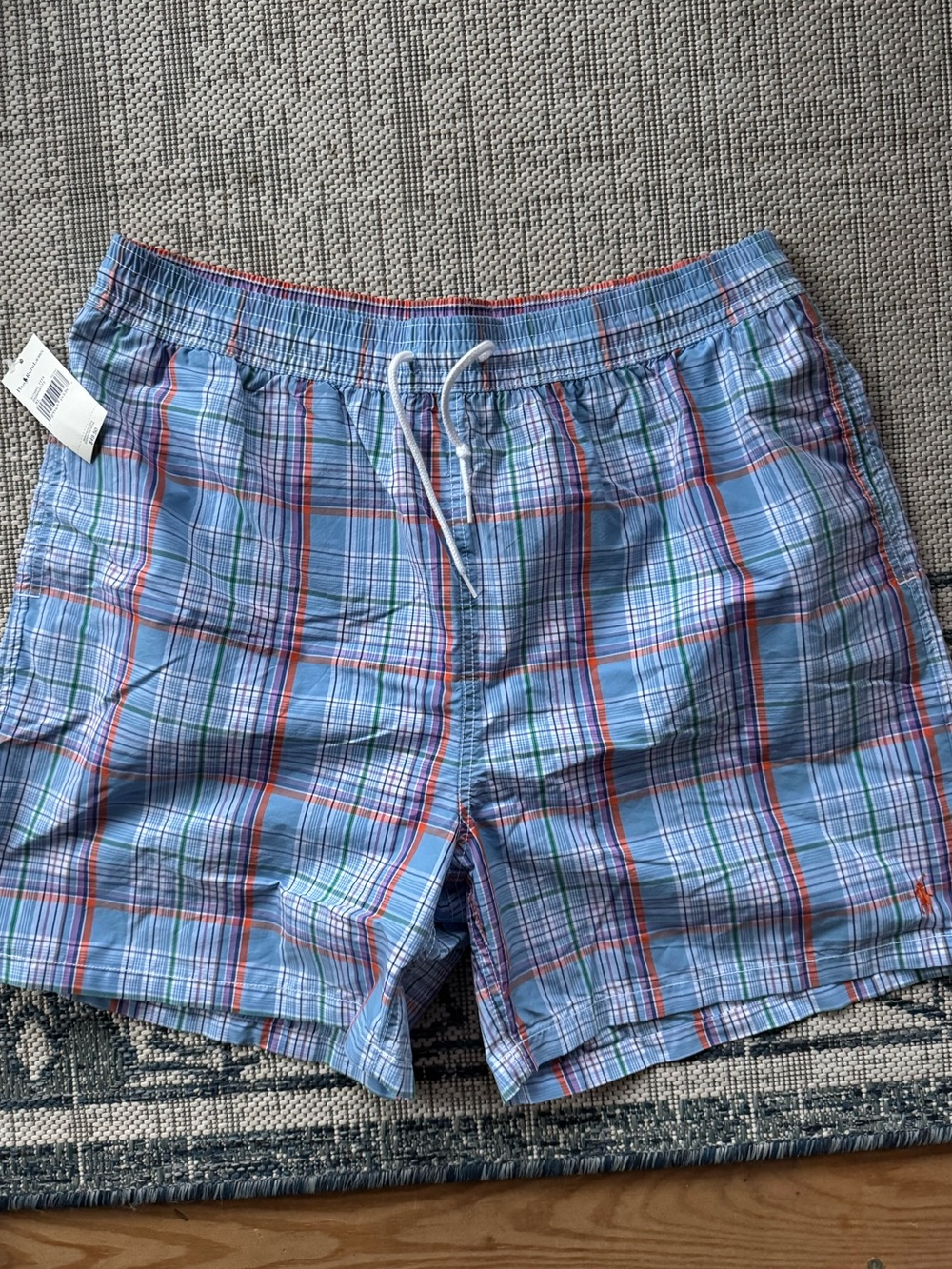 Polo Ralph Lauren Swim Shorts Mens XL Blue Plaid Drawstring Mesh Lined Trunks